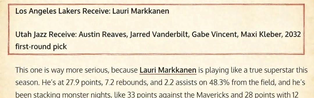 NBA直播-5换1交易方案出炉，场均28+7前锋加盟湖人，驰援詹姆斯？